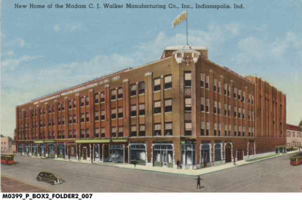 Post Card of Madam C. J. Walker’s factory, circa 1920. The postcard describes the factory as a “strictly fireproof structure ... [of] steel, reinforced concrete, hydraulic press brick, white and polychrome terra cotta, fine imported marbles, birch and cypress wood, terrazzo floors, ... [with] a $15,000 pipe organ, ... and some of the world's finest machinery.” Courtesy of the Indiana Historical Society. 