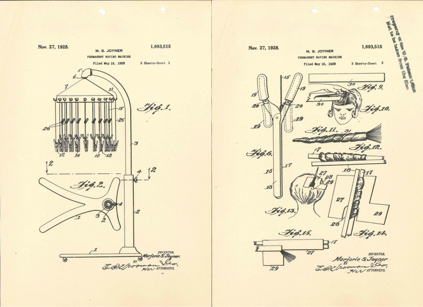 Diagram of Joyner’s “Permanent Waving Machine,” U.S. Patent #1,693,515, Nov. 27, 1928