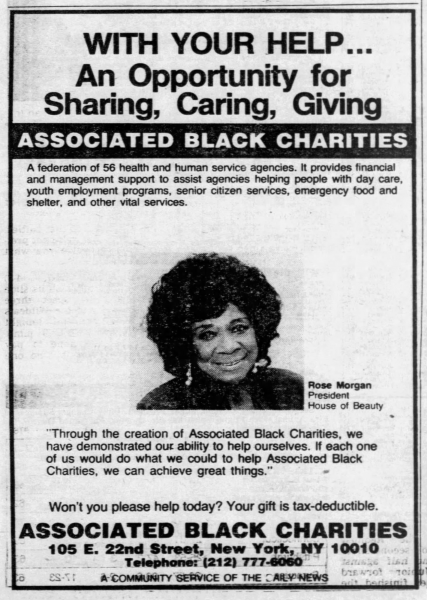 Rose Morgan promotion of Associated Black Charities, NY Daily News, Jan. 27, 1987